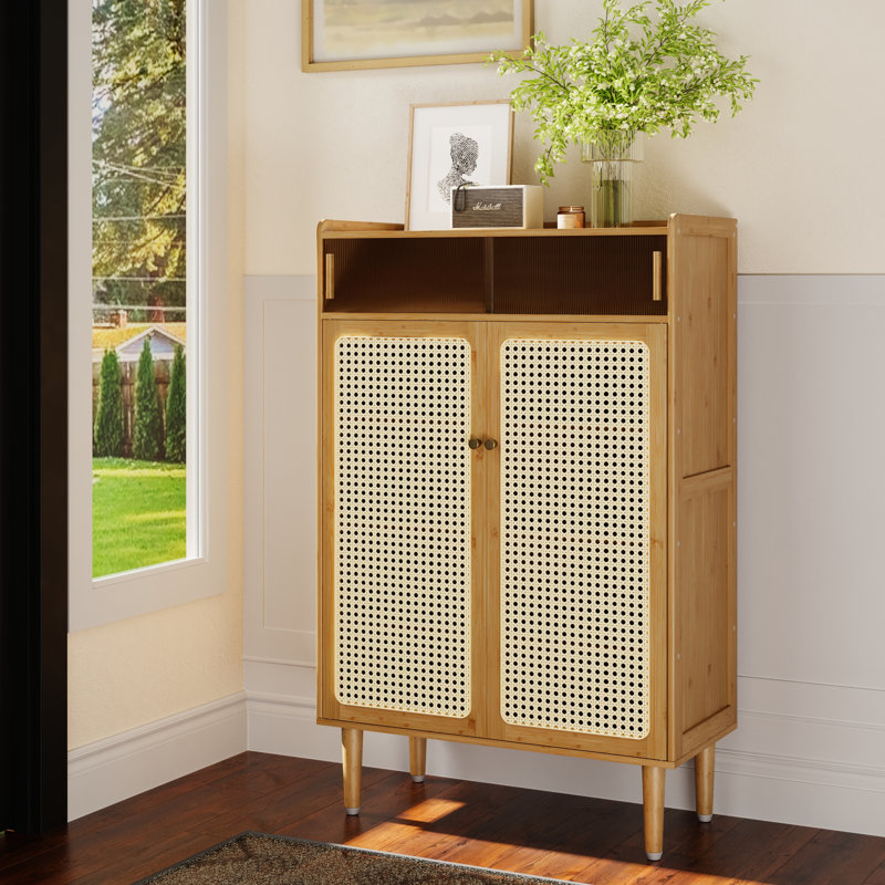 Shoe Storage Cabinet Free Standing Large Capacity Rattan Shoe Storage Organizer