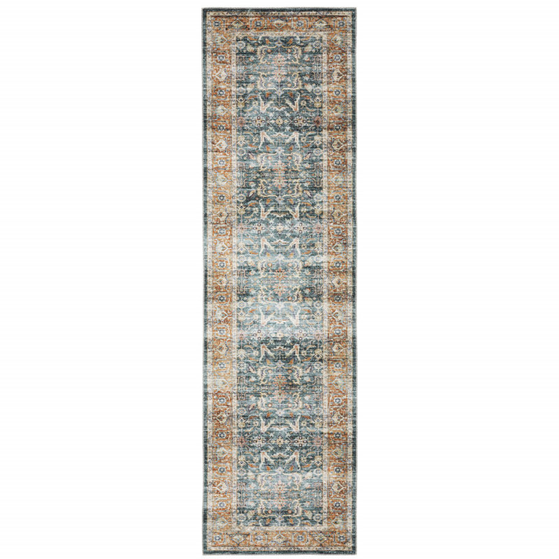 Lake Macquarie Machine Washable Performance Non-Skid Blue/Rust Rug Mat, Runner 2' x 8'