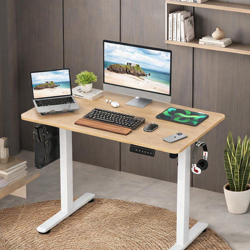 Bureau chaud en MDF naturel avec panneau de jonction, 40 x 24 pouces, poste de travail assis-debout à hauteur réglable pour le bureau personnel