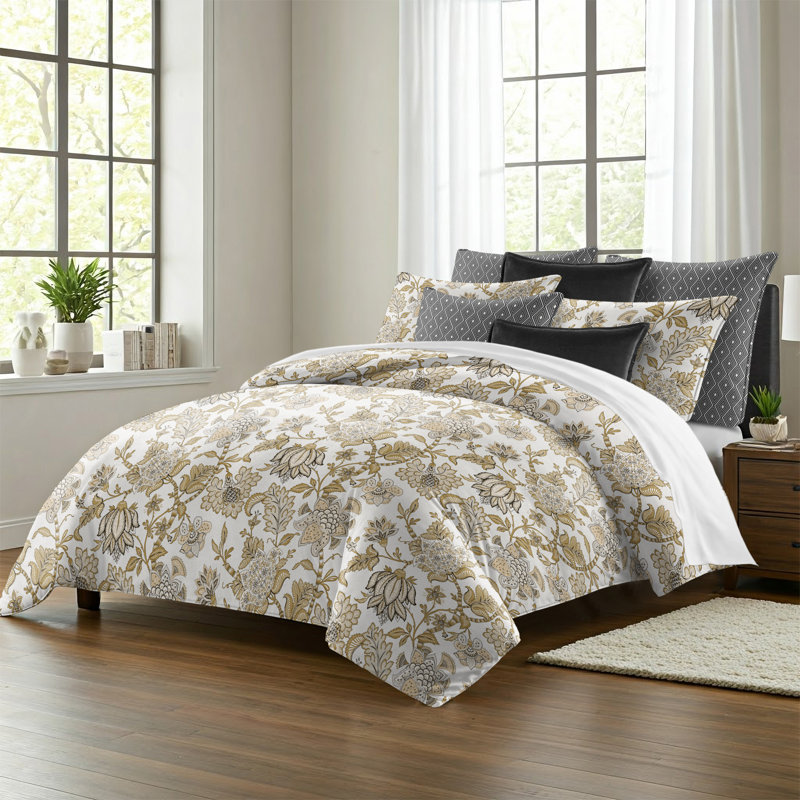Bronte Gold Cotton Duvet Cover Set, Queen Duvet Cover + 7 Additional Pieces