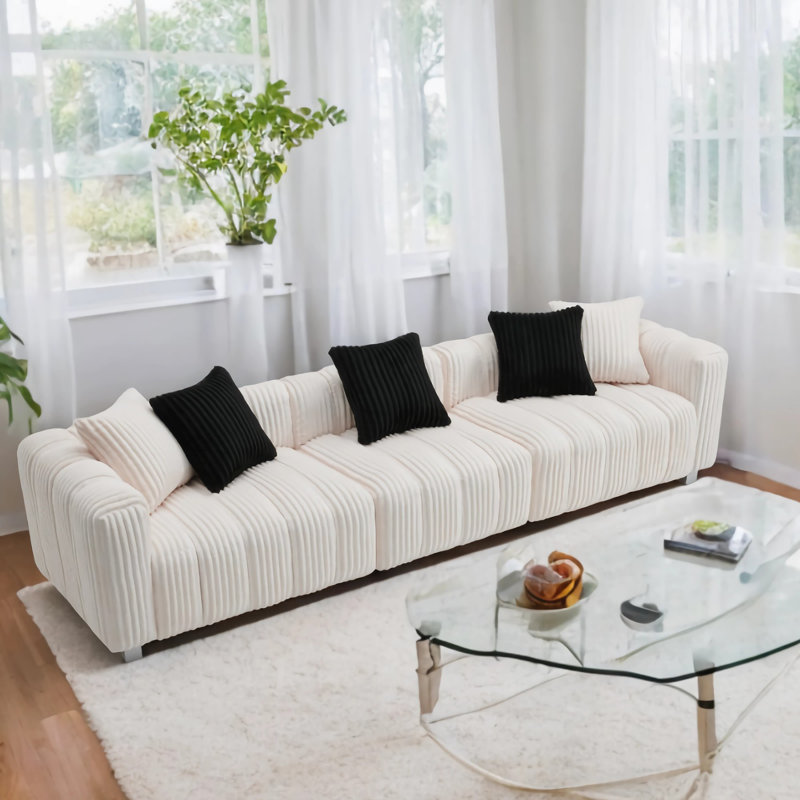 Élégant canapé deux places en velours côtelé, Blanc lait, H 24,41 po x l 114,17 po x P 31,89 po