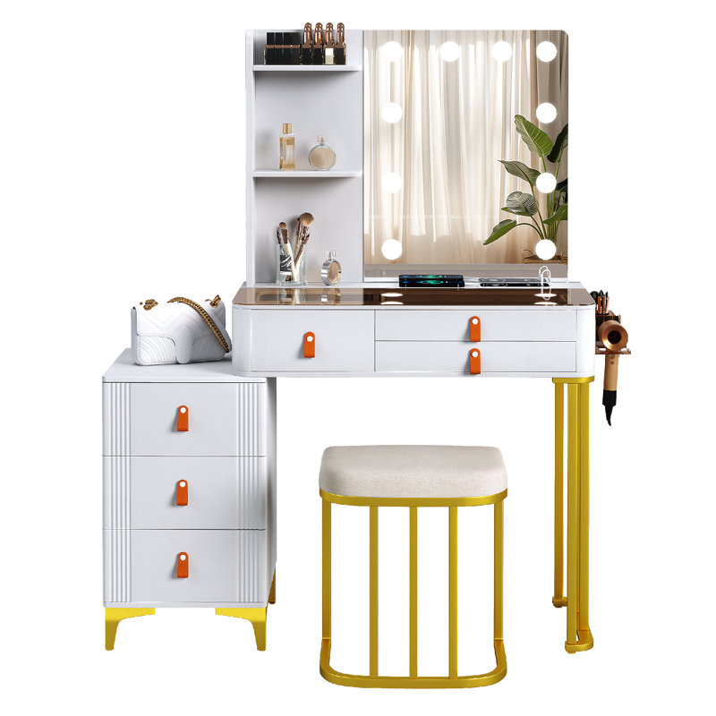Makeup Vanity with 3 Lighting Colors, Gold/White