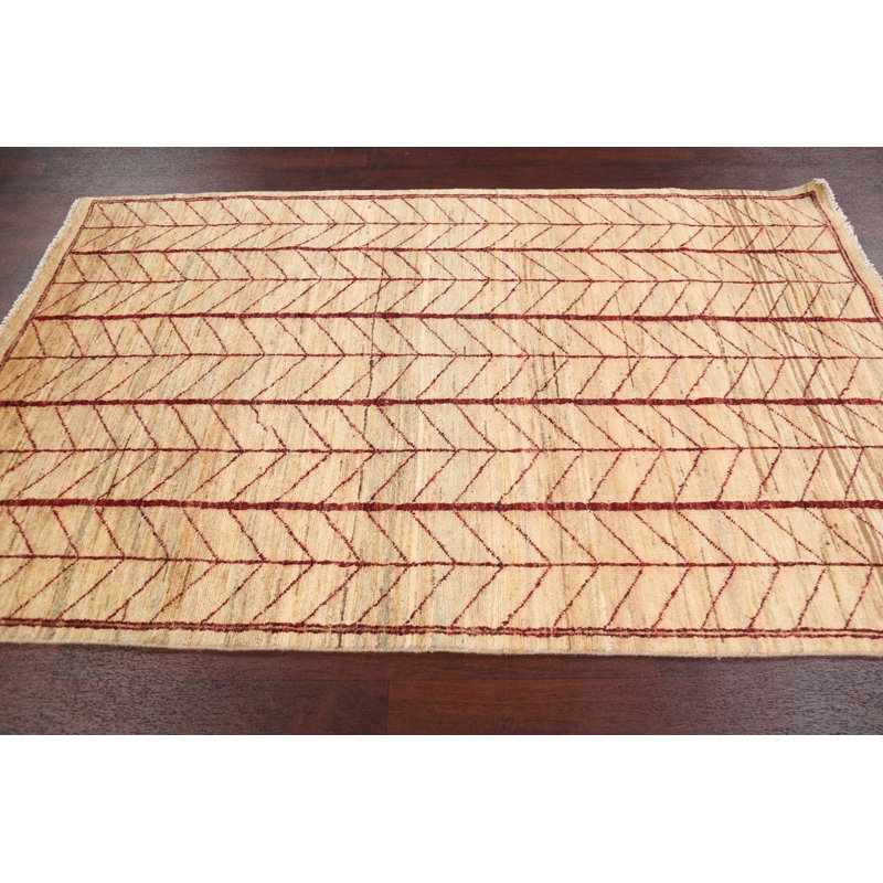 Tapis unique en laine noué à la main beige et rouge nouvel âge 4 pi 5 po x 7 pi