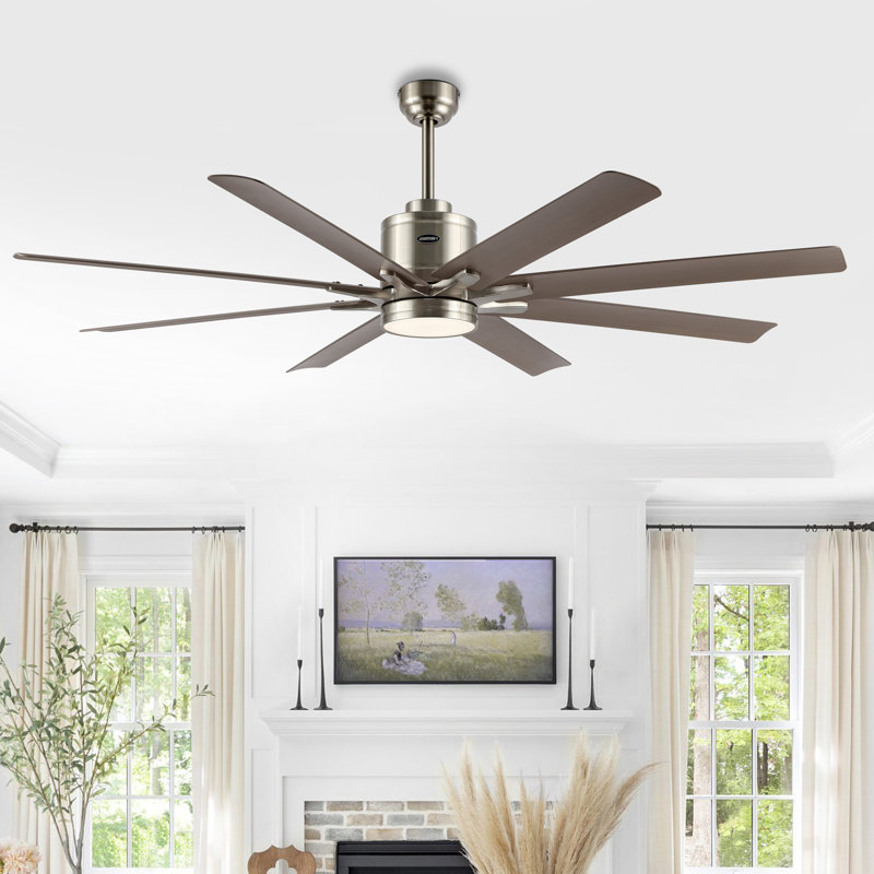Ventilateur de plafond 66 pouces à 8 pales avec télécommande et ensemble d'éclairage inclus, Nickel avec pales en bois gris
