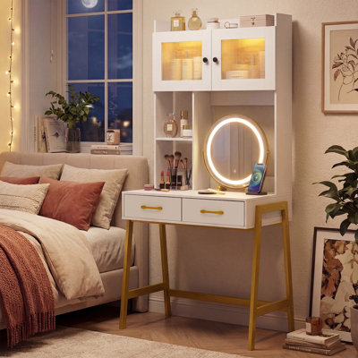 Vanity Desk with Rotatable Mirror and Lights, Dressing Table with 3 Light Colors White