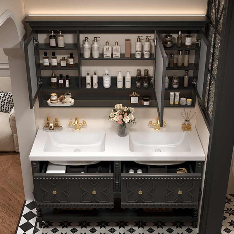 Armoire de salle de bain rétro de style français., Noir, H 32,28 po x l 55,12 po x P 21,65 po