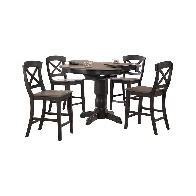 Clarey 5 - Piece Round Counter Height Butterfly Leaf Solid Wood Dining Set With 18" Butterfly Leaf, Gray, Black