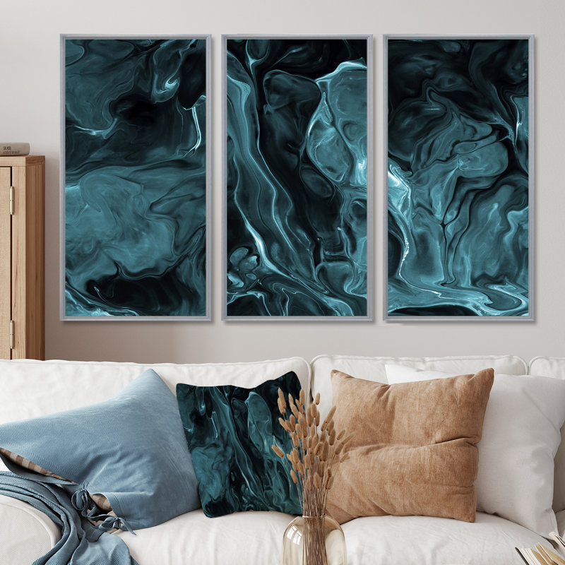 «Turquoise Creative Abstract Dark I», ensemble d'art mural sur toile moderne encadré de 3, H 40 po x l 60 po, Argent argent