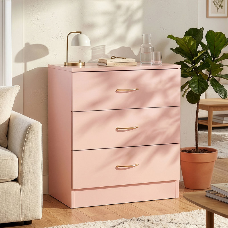25.98'' Tall 3 - Drawer Nightstand in White, Pink