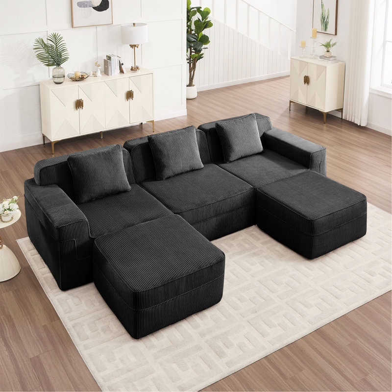 Canapé modulaire modulaire à 3 places en forme de U sans os, canapé modulaire Cloud avec assise profonde, canapé modulaire moderne à 3 places avec coussins décoratifs et 2 repose-pieds amovibles, tissu en velours côtelé