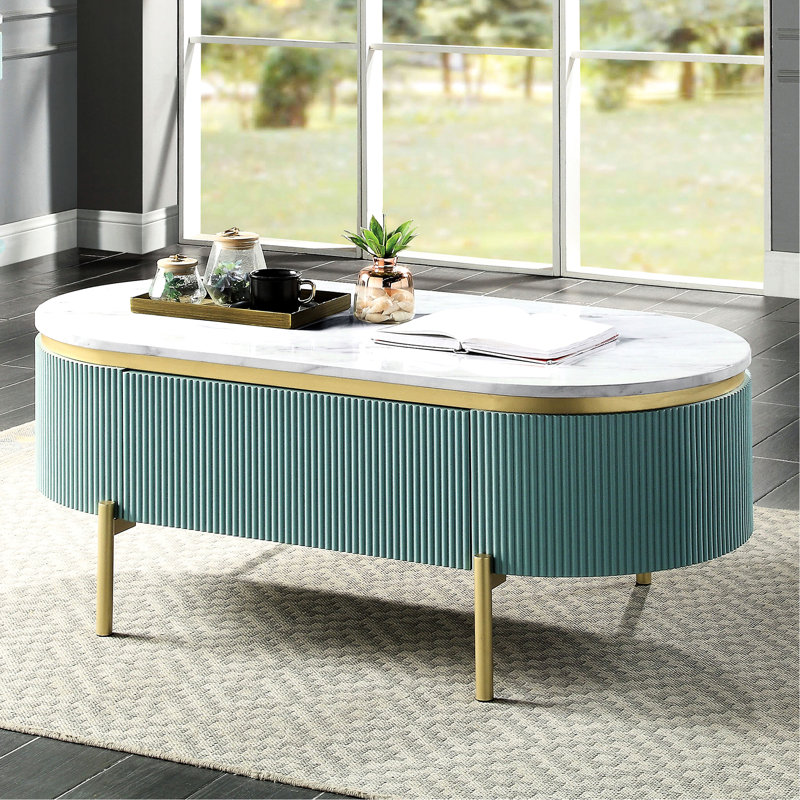 Table de pub chic sarcelle avec finition en faux marbre blanc et espace de tiroir dissimulé, Sarcelle