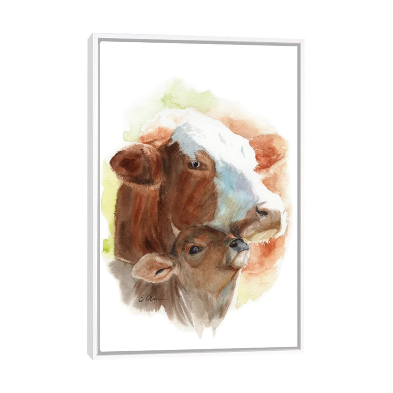 «Mother and Baby Cows» par Watercolor Luv - reproduction d'art, H 60 po x l 40po x P 1,5 po, Toile blanche encadrée