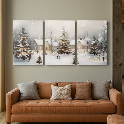 Snowy Christmas Village With Decorated Tree Watercolor 3 Piece Canvas Wall Art Set - Christmas Holiday Triptych, 24x36 Each Panel, Gallery Wrapped Ready to Hang - Christmas Series XVI