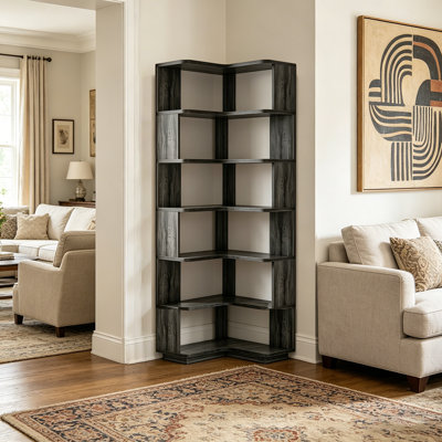 Bibliothèque d'angle à 7 niveaux, bibliothèque autoportante en forme de L pour bureau à domicile, chambre à coucher