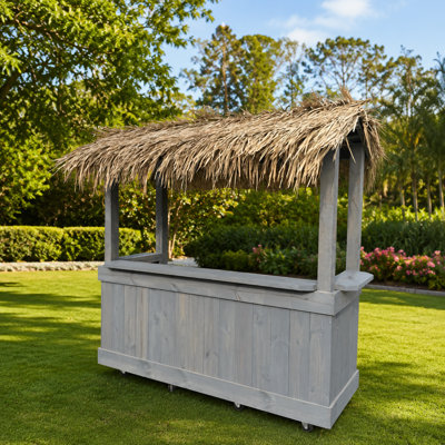8 Ft Grey Wood Outdoor Tiki Bar With Thatched Roof And Caster Wheels