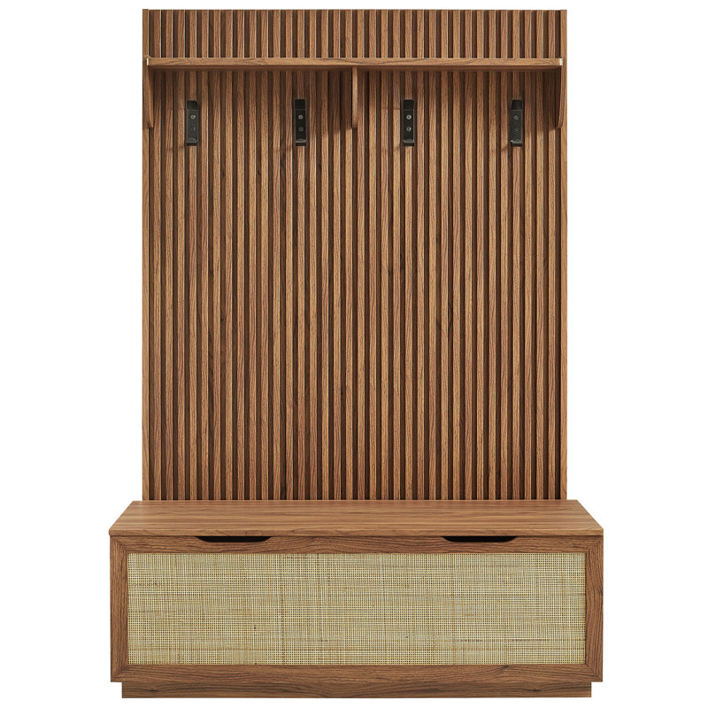 Arbre d'entrée 3-en-1 cannelé Soma avec banc de rangement et portemanteau en noyer, Noyer