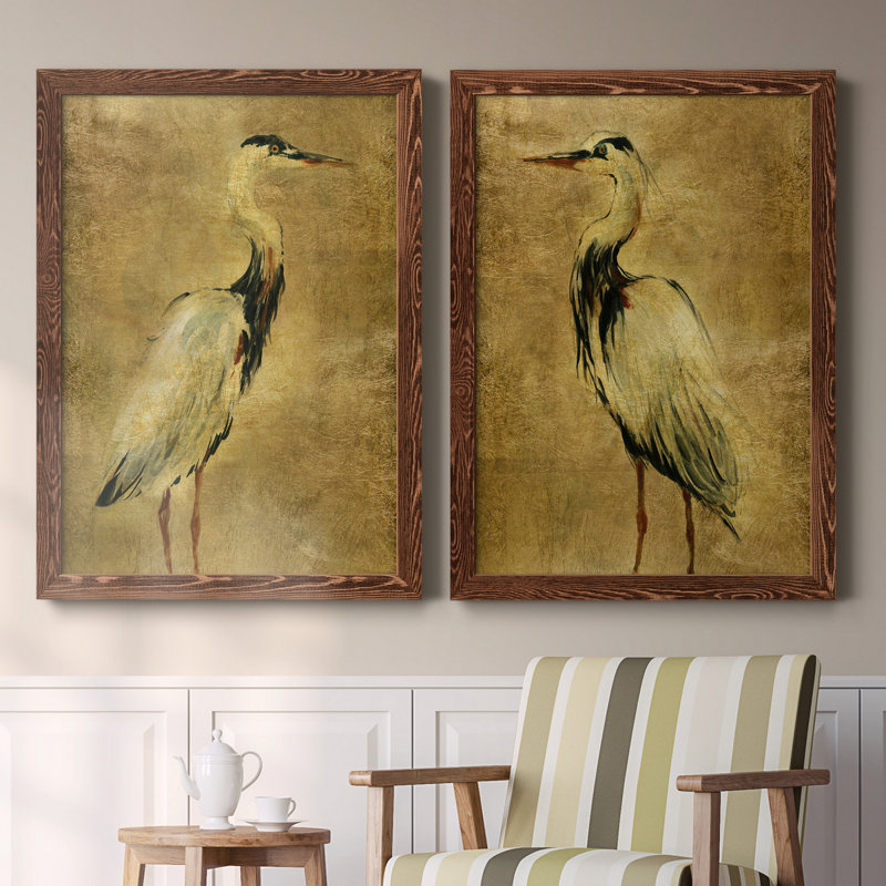 «Gold Crane at Dusk I», ensemble de reproductions d'art sur toile encadrées, H 24 po x l 36 po x P 1,5 po, Érable encadré