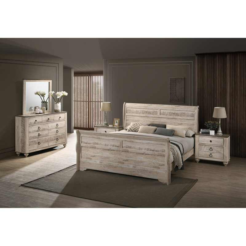 Ensemble de chambre à coucher avec lit-bateau, commode, miroir, deux tables de chevet Imerland, Grand lit