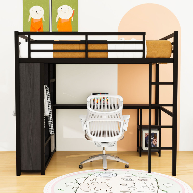 Metal Loft Bed with Wardrobe and Desk, Black, Full