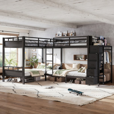 Quad Twin Metal Bunk Bed with Storage Drawers, Wardrobe and Open Shelves, Black 4 Twin Bunk Bed Frame for Kids, Teens, Guests