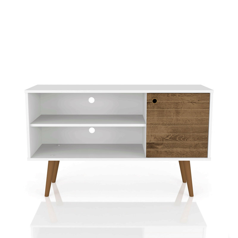 Meuble télé Liberty Mid-Century moderne à 3 tablettes pour téléviseur de 43 po ou moins Liberty, Blanc / Brun rustique