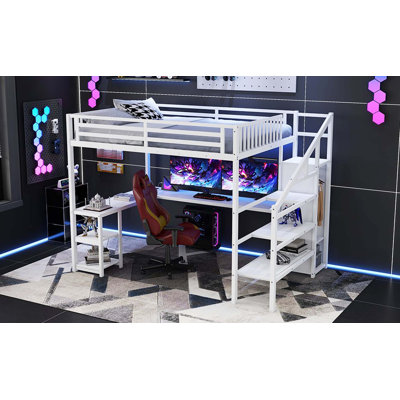 Lit mezzanine en métal avec garde-robe, lumières DEL, bureau en L et ports USB