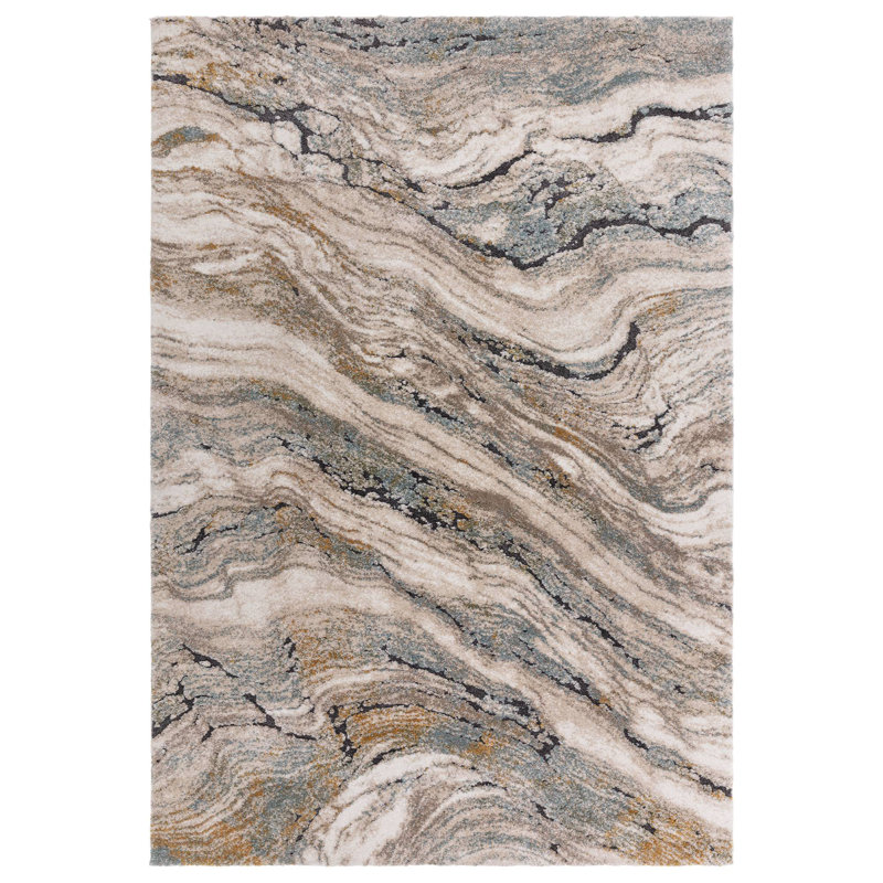 Decara Wave Abstract High-Low Blue/Beige/Ivory Area Rug, Rectangle 80 x 150 cm
