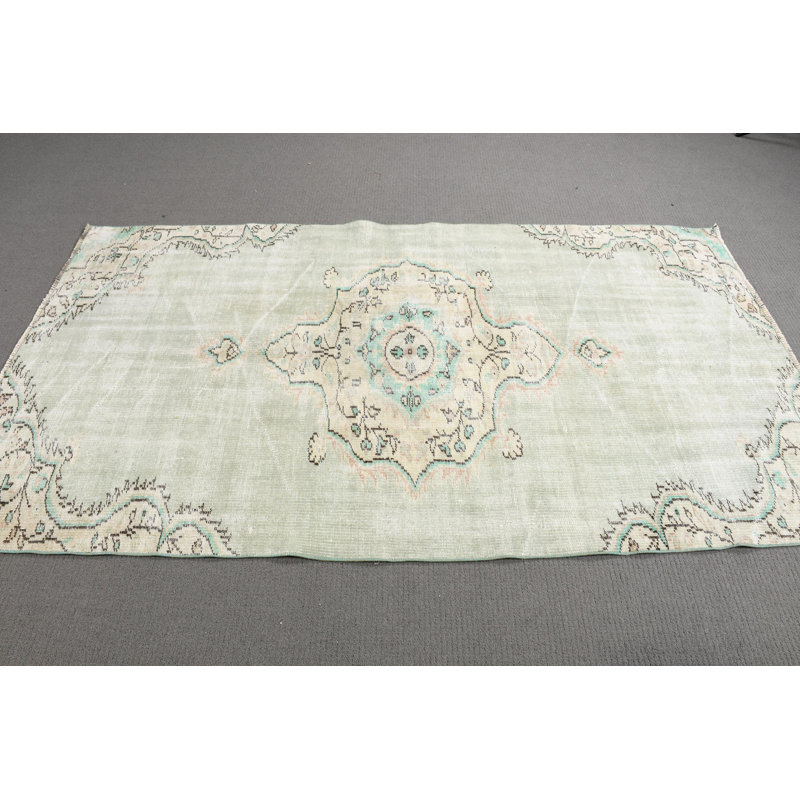 Tapis turc rétro vintage Oushak dans des tons verts, idéal pour la salle à manger ou les espaces bohémiens