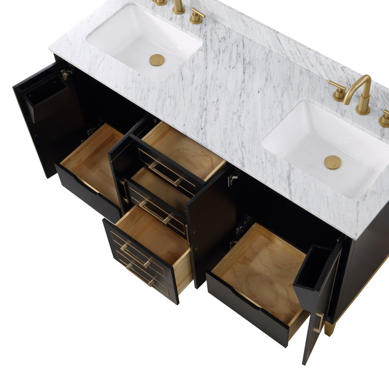 Gracie 60'' Double Bathroom Vanity with Top, Midnight Black, Carrara Marble