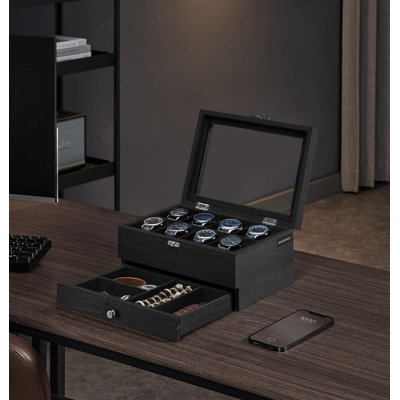 2 Tier Wood Watch Box with 8 Slots Large Glass Lid