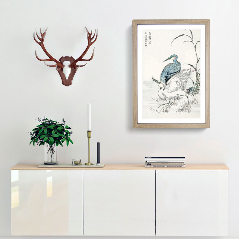 Heron & Egret by Numata Kashu - Picture Frame Painting Print, Oak Framed, 36cm H x 27cm W x 2cm D