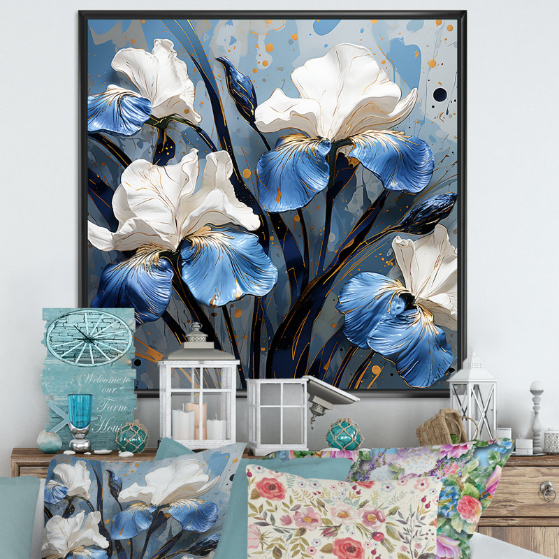 «Blue and White Garden Of Irises I», reproduction sur toile, H 24 po x l 24 po x P 1 po, Cadre flottant noir