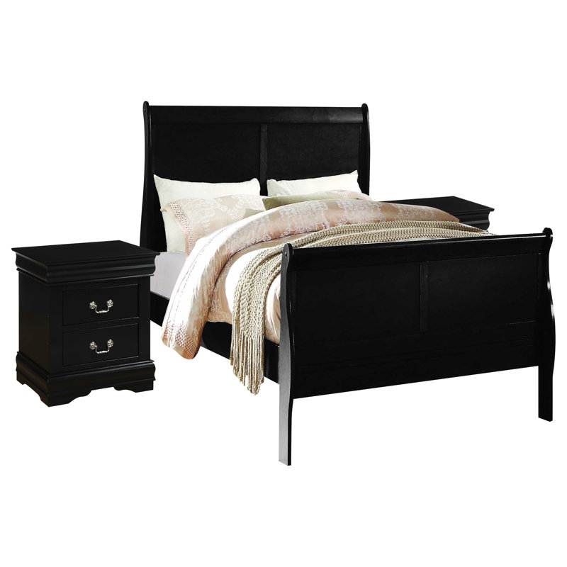 Ensemble de chambre à coucher Engstrom, Noir, Double, 3 pièces : 2 table de chevet, 1 lit