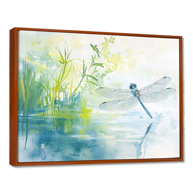 Dragonfly By The River I - Dragonfly Canvas Print, 34" H x 44" W, Brown, Floater Framed Print without Mat