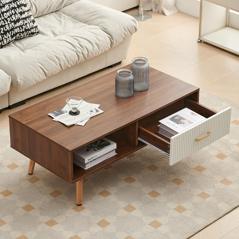 Table basse rectangulaire avec pieds en bois massif, tiroir coulissant pour le rangement, table moderne pour le salon, Noyer