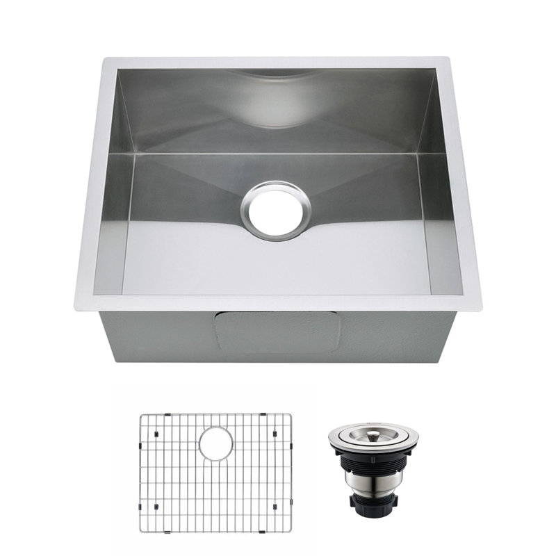 Undermount Stainless Steel Kitchen Sink 90 Degree Zero Radius with Bottom Grid and Strainer, Single Bowl
