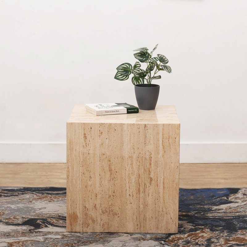 Beige Travertine Side Table, 18" H x 18" L x 18" W
