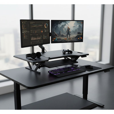  46 in. Black Height Adjustable Standing Desk Converter with AC USB Charger, Anti Fatigue Mat and Triple Screen Riser