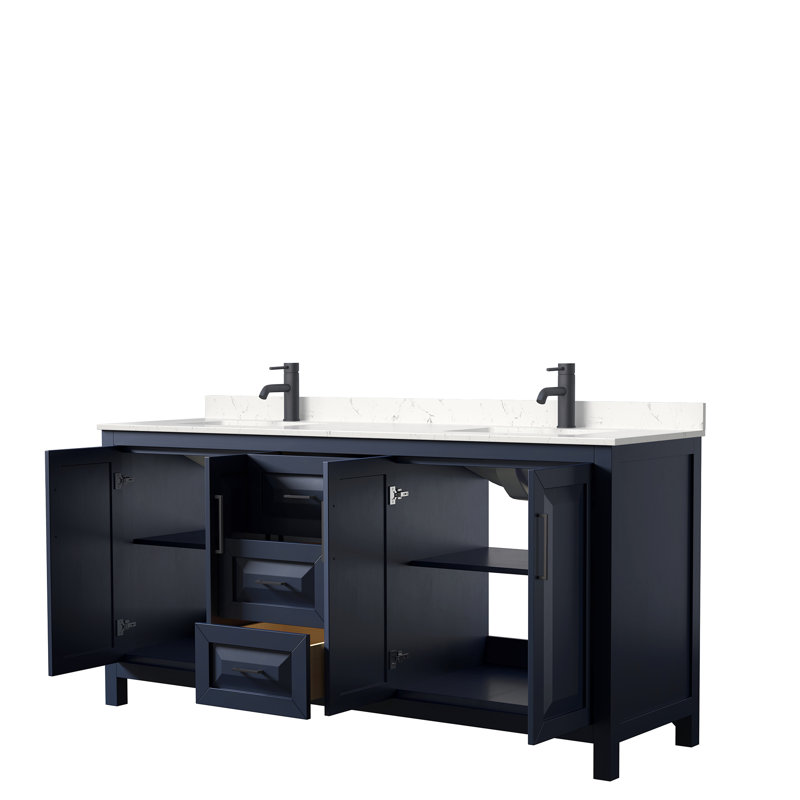 Daria 72'' W Double Vanity, Dark Blue, White Cultured Marble, Matte Black