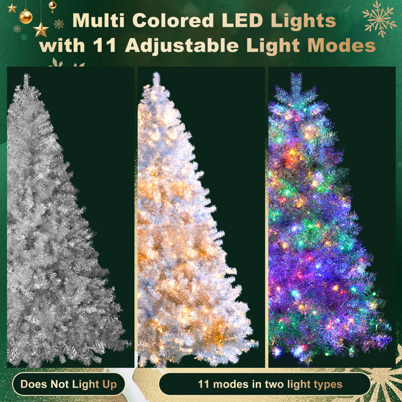 Arbre de Noël artificiel pré-éclairé argent 6 pi: 300 lumières DEL, 800 branches, charnières, intérieur / extérieur, H 6 pi