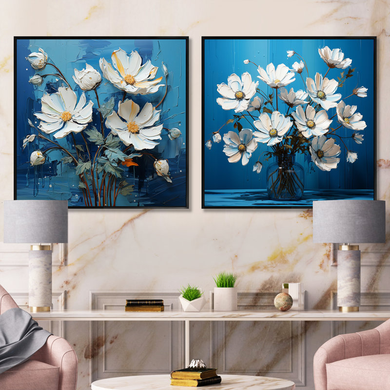 Ensemble de 2 fleurs blanches, bleues et décalées - collage carré floral, Cadre flottant noir, H 16 po x l 33 po