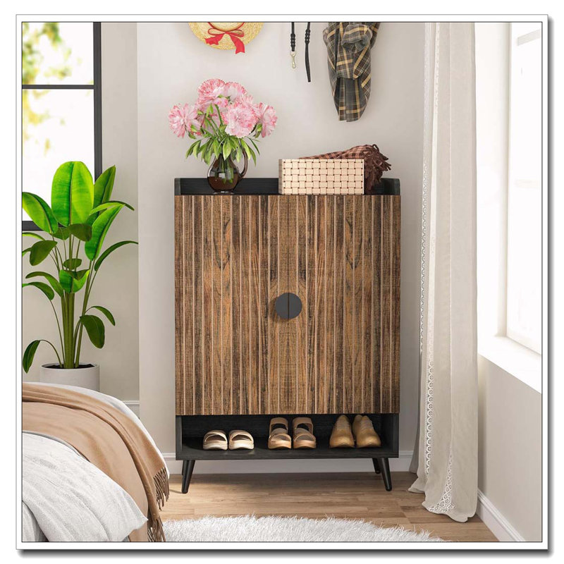 Wooden Shoe Cabinet With Doors, 7-Tier Shoe Storage Organizer, Brown/Black