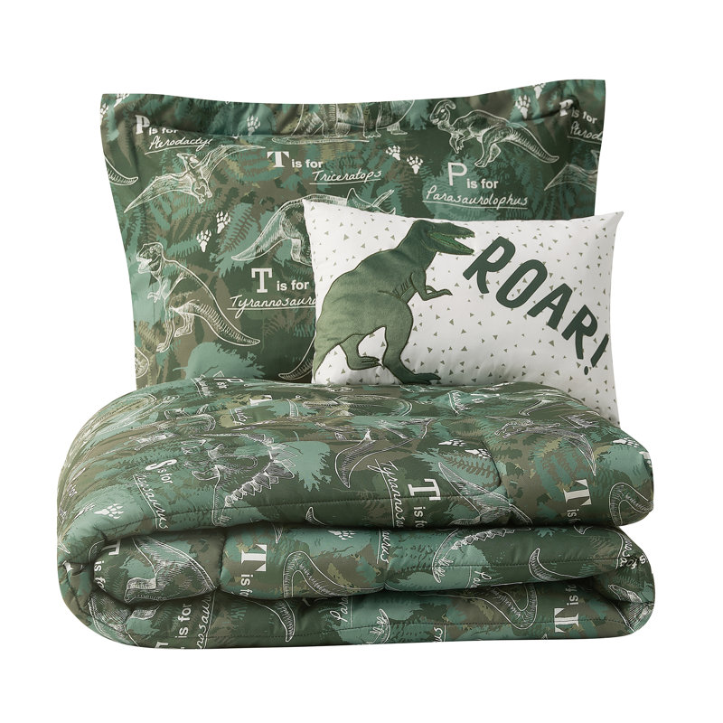 Dino Forest Green and White Microfiber Twin Comforter Set