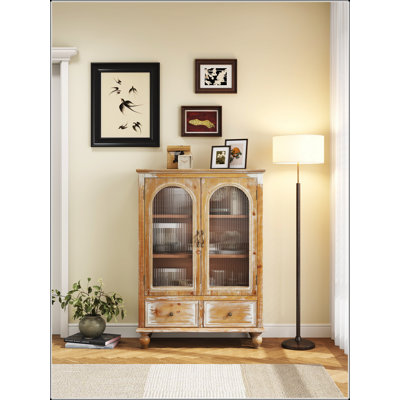 Armoire de rangement Vintage Farmhouse avec 2 portes en verre et 2 tiroirs, armoire rustique autoportante pour le salon et la salle à manger