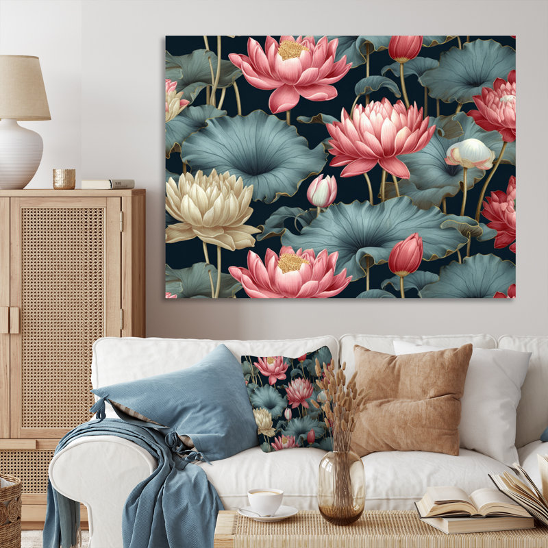 «Red Green Lotus Ponds III», reproduction sur toile, Toile tendue, H 24 po x l 32 po x P 1 po