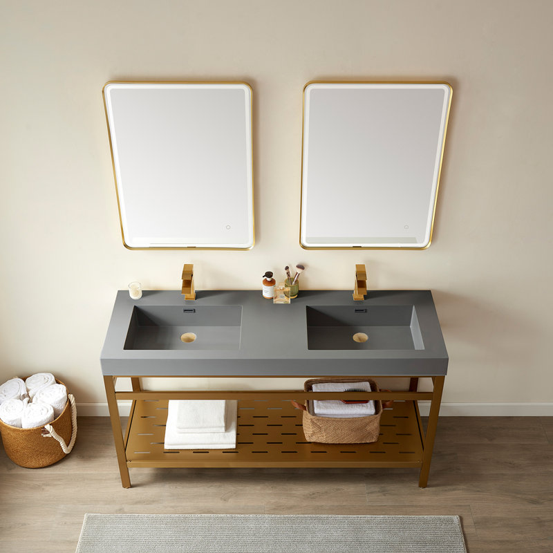 Kalvin 59.8'' Double Bathroom Vanity with Resin Top with Mirror, White, White, Brushed Gold