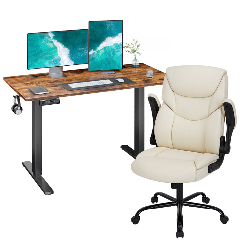 Ensemble de bureau pour travailler debout et à hauteur réglable avec fauteuil de direction, Brun rustique / noir