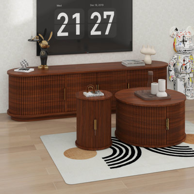 Ensemble de meuble télé et de table basse Farmhouse avec portes tambour rondes et console multimédia