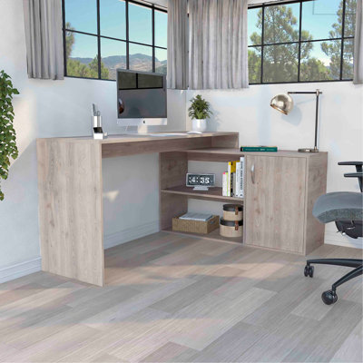 Bureau d'ordinateur moderne en L avec rangement ouvert et fermé - gris clair
