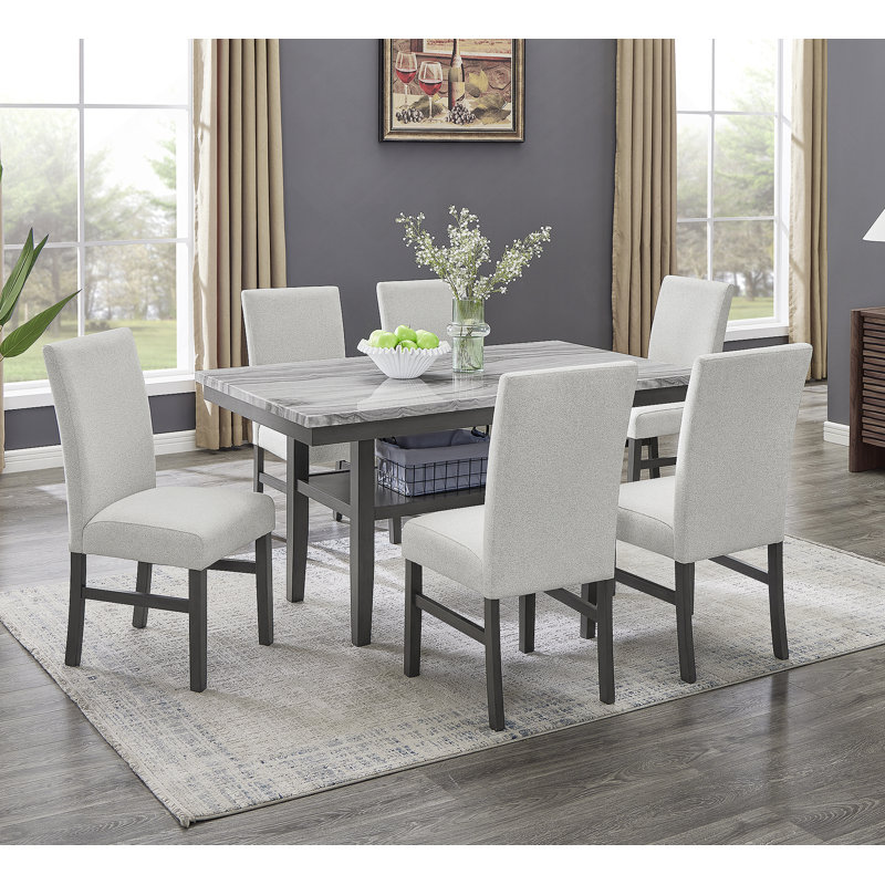 Ensemble de salle à manger rectangulaire 7 pièces avec plateau en faux marbre gris, 6 chaises rembourrées et tablette de rangement pour la salle à manger et la cuisine Collection